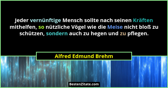 Jeder vernünftige Mensch sollte nach seinen Kräften mithelfen, so nützliche Vögel wie die Meise nicht bloß zu schützen, sondern... - Alfred Edmund Brehm