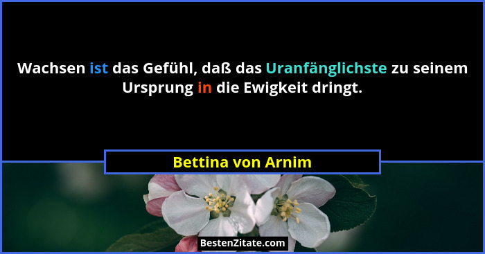 Wachsen ist das Gefühl, daß das Uranfänglichste zu seinem Ursprung in die Ewigkeit dringt.... - Bettina von Arnim