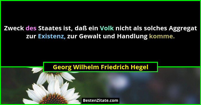 Zweck des Staates ist, daß ein Volk nicht als solches Aggregat zur Existenz, zur Gewalt und Handlung komme.... - Georg Wilhelm Friedrich Hegel