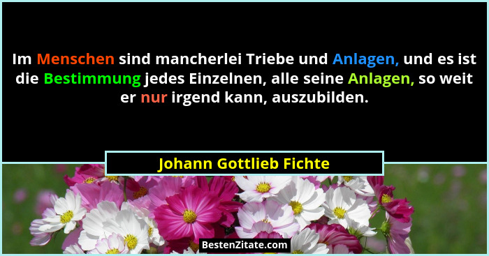 Im Menschen sind mancherlei Triebe und Anlagen, und es ist die Bestimmung jedes Einzelnen, alle seine Anlagen, so weit er nur... - Johann Gottlieb Fichte