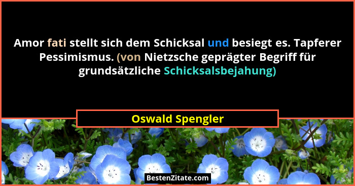 Amor fati stellt sich dem Schicksal und besiegt es. Tapferer Pessimismus. (von Nietzsche geprägter Begriff für grundsätzliche Schick... - Oswald Spengler