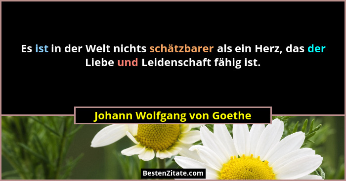 Es ist in der Welt nichts schätzbarer als ein Herz, das der Liebe und Leidenschaft fähig ist.... - Johann Wolfgang von Goethe