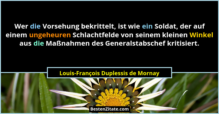 Wer die Vorsehung bekrittelt, ist wie ein Soldat, der auf einem ungeheuren Schlachtfelde von seinem kleinen Winke... - Louis-François Duplessis de Mornay