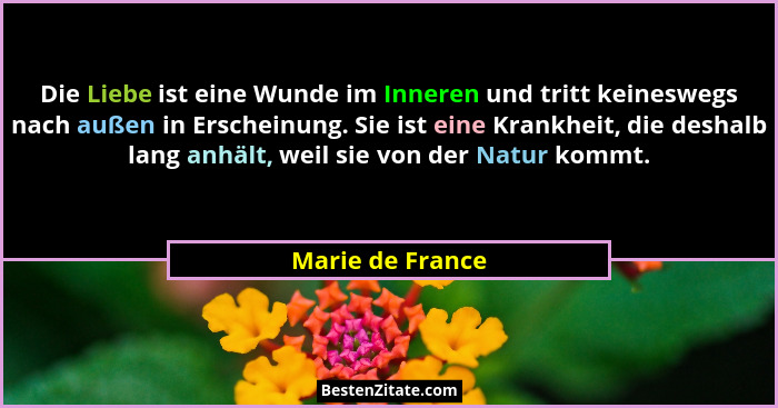 Die Liebe ist eine Wunde im Inneren und tritt keineswegs nach außen in Erscheinung. Sie ist eine Krankheit, die deshalb lang anhält,... - Marie de France