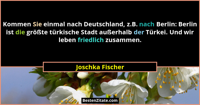Kommen Sie einmal nach Deutschland, z.B. nach Berlin: Berlin ist die größte türkische Stadt außerhalb der Türkei. Und wir leben frie... - Joschka Fischer