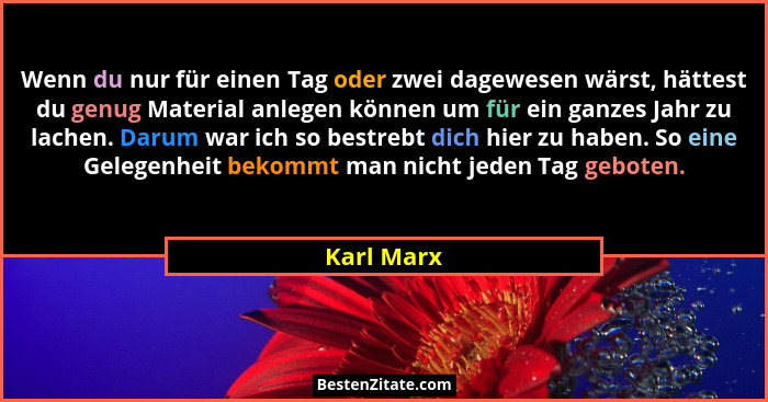 Wenn du nur für einen Tag oder zwei dagewesen wärst, hättest du genug Material anlegen können um für ein ganzes Jahr zu lachen. Darum war... - Karl Marx