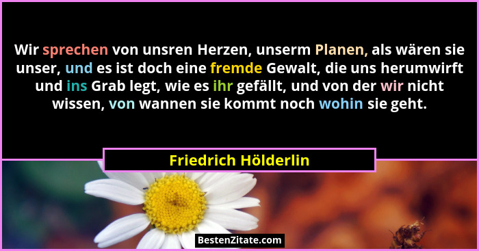 Wir sprechen von unsren Herzen, unserm Planen, als wären sie unser, und es ist doch eine fremde Gewalt, die uns herumwirft und i... - Friedrich Hölderlin
