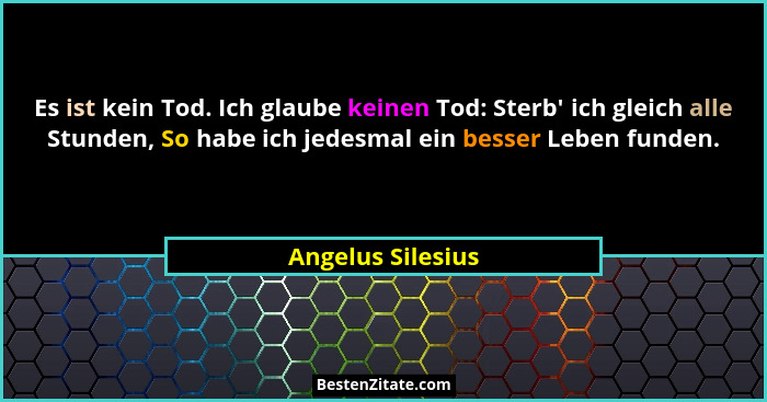 Es ist kein Tod. Ich glaube keinen Tod: Sterb' ich gleich alle Stunden, So habe ich jedesmal ein besser Leben funden.... - Angelus Silesius