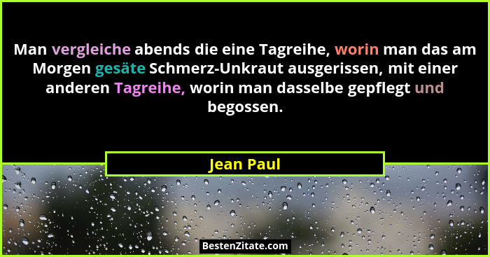 Man vergleiche abends die eine Tagreihe, worin man das am Morgen gesäte Schmerz-Unkraut ausgerissen, mit einer anderen Tagreihe, worin man... - Jean Paul