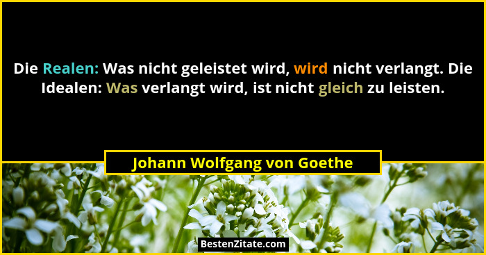 Die Realen: Was nicht geleistet wird, wird nicht verlangt. Die Idealen: Was verlangt wird, ist nicht gleich zu leisten.... - Johann Wolfgang von Goethe