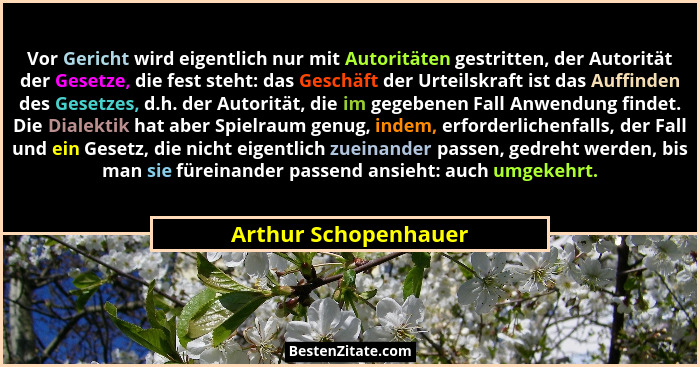 Vor Gericht wird eigentlich nur mit Autoritäten gestritten, der Autorität der Gesetze, die fest steht: das Geschäft der Urteilsk... - Arthur Schopenhauer