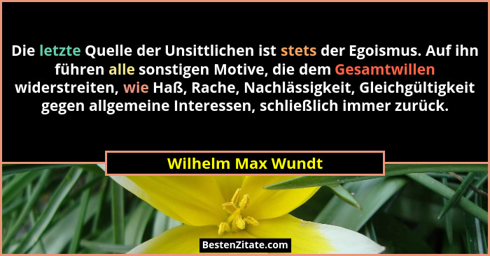 Die letzte Quelle der Unsittlichen ist stets der Egoismus. Auf ihn führen alle sonstigen Motive, die dem Gesamtwillen widerstreite... - Wilhelm Max Wundt