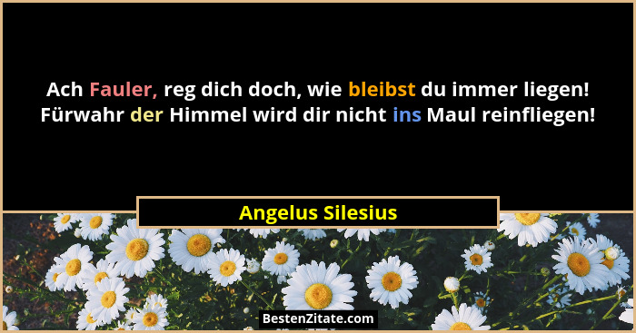 Ach Fauler, reg dich doch, wie bleibst du immer liegen! Fürwahr der Himmel wird dir nicht ins Maul reinfliegen!... - Angelus Silesius