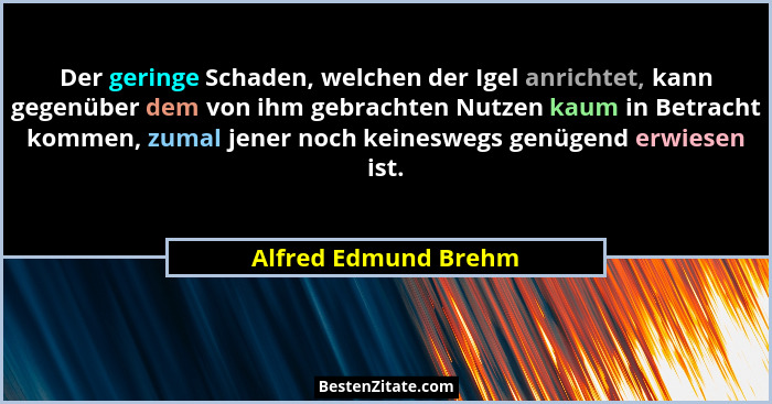 Der geringe Schaden, welchen der Igel anrichtet, kann gegenüber dem von ihm gebrachten Nutzen kaum in Betracht kommen, zumal jen... - Alfred Edmund Brehm