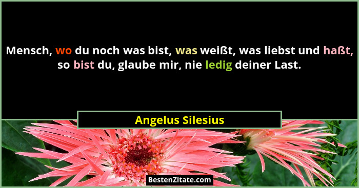 Mensch, wo du noch was bist, was weißt, was liebst und haßt, so bist du, glaube mir, nie ledig deiner Last.... - Angelus Silesius