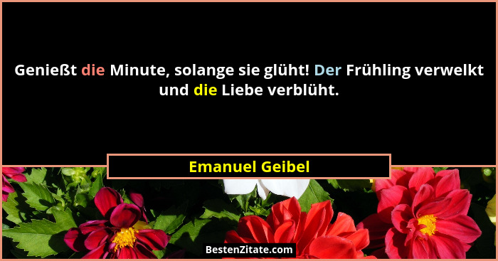 Genießt die Minute, solange sie glüht! Der Frühling verwelkt und die Liebe verblüht.... - Emanuel Geibel