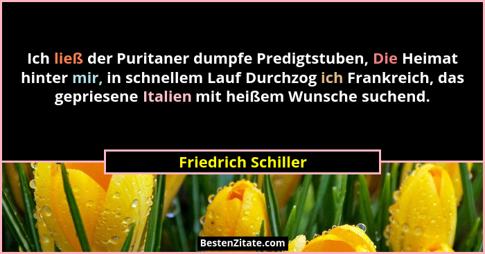 Ich ließ der Puritaner dumpfe Predigtstuben, Die Heimat hinter mir, in schnellem Lauf Durchzog ich Frankreich, das gepriesene Ita... - Friedrich Schiller