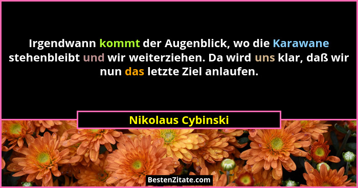 Irgendwann kommt der Augenblick, wo die Karawane stehenbleibt und wir weiterziehen. Da wird uns klar, daß wir nun das letzte Ziel... - Nikolaus Cybinski