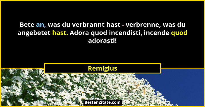 Bete an, was du verbrannt hast - verbrenne, was du angebetet hast. Adora quod incendisti, incende quod adorasti!... - Remigius