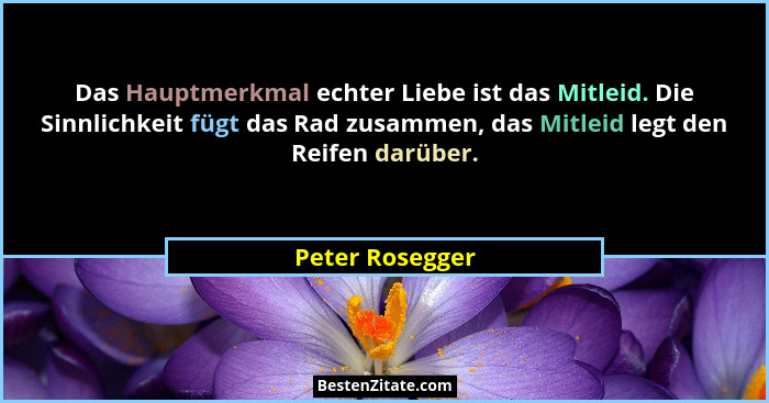 Das Hauptmerkmal echter Liebe ist das Mitleid. Die Sinnlichkeit fügt das Rad zusammen, das Mitleid legt den Reifen darüber.... - Peter Rosegger