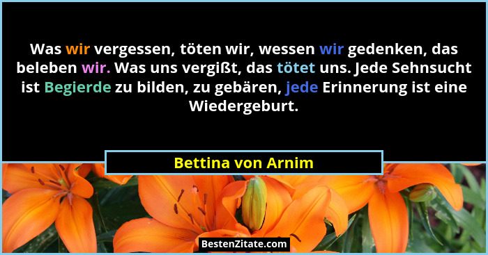 Was wir vergessen, töten wir, wessen wir gedenken, das beleben wir. Was uns vergißt, das tötet uns. Jede Sehnsucht ist Begierde zu... - Bettina von Arnim