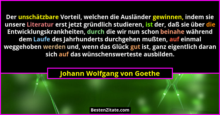 Der unschätzbare Vorteil, welchen die Ausländer gewinnen, indem sie unsere Literatur erst jetzt gründlich studieren, ist... - Johann Wolfgang von Goethe