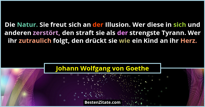 Die Natur. Sie freut sich an der Illusion. Wer diese in sich und anderen zerstört, den straft sie als der strengste Tyran... - Johann Wolfgang von Goethe