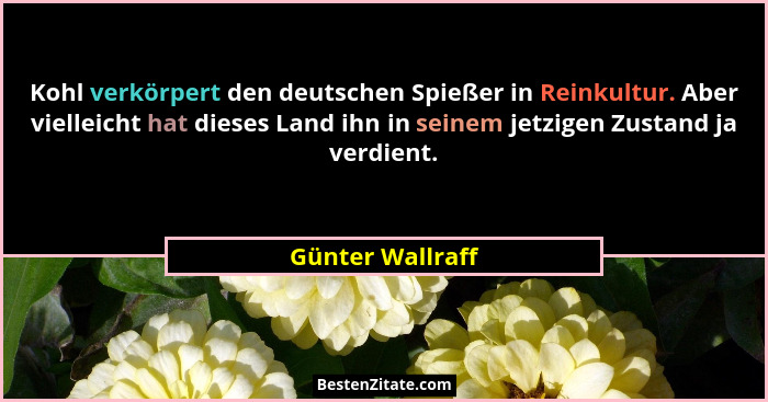 Kohl verkörpert den deutschen Spießer in Reinkultur. Aber vielleicht hat dieses Land ihn in seinem jetzigen Zustand ja verdient.... - Günter Wallraff