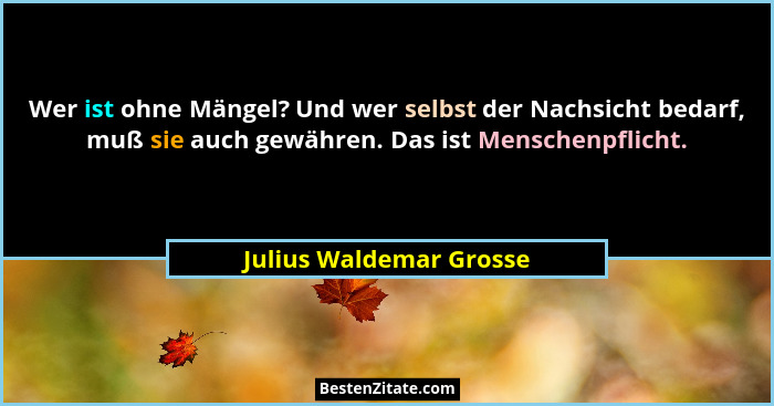 Wer ist ohne Mängel? Und wer selbst der Nachsicht bedarf, muß sie auch gewähren. Das ist Menschenpflicht.... - Julius Waldemar Grosse