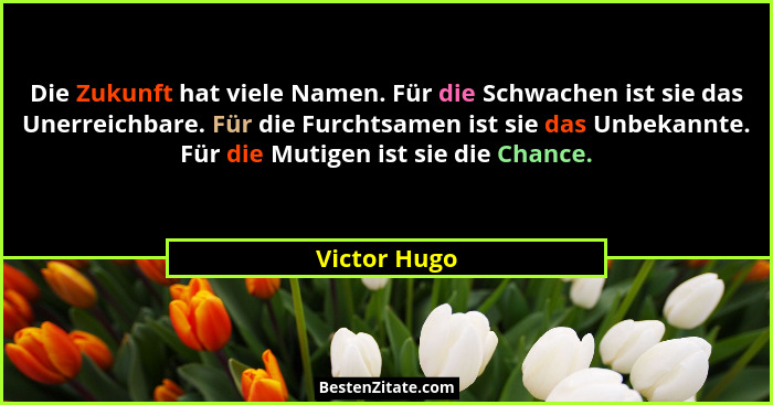 Die Zukunft hat viele Namen. Für die Schwachen ist sie das Unerreichbare. Für die Furchtsamen ist sie das Unbekannte. Für die Mutigen is... - Victor Hugo