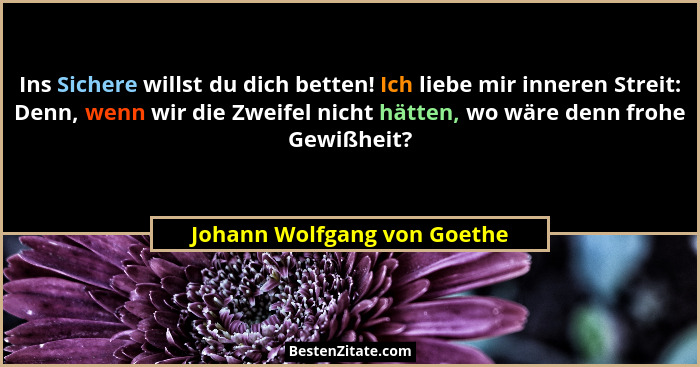 Ins Sichere willst du dich betten! Ich liebe mir inneren Streit: Denn, wenn wir die Zweifel nicht hätten, wo wäre denn fr... - Johann Wolfgang von Goethe