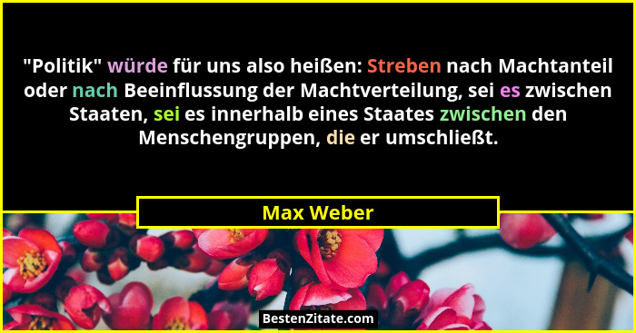 "Politik" würde für uns also heißen: Streben nach Machtanteil oder nach Beeinflussung der Machtverteilung, sei es zwischen Staaten... - Max Weber