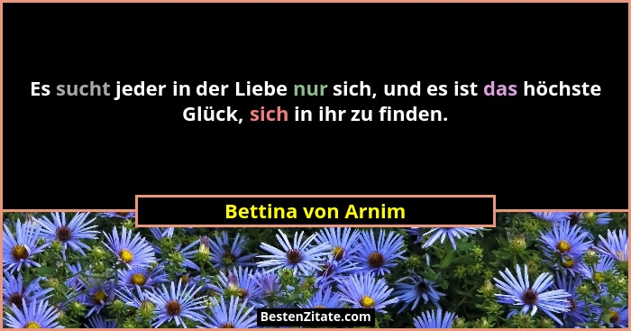 Es sucht jeder in der Liebe nur sich, und es ist das höchste Glück, sich in ihr zu finden.... - Bettina von Arnim