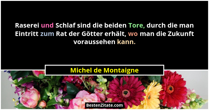 Raserei und Schlaf sind die beiden Tore, durch die man Eintritt zum Rat der Götter erhält, wo man die Zukunft voraussehen kann.... - Michel de Montaigne