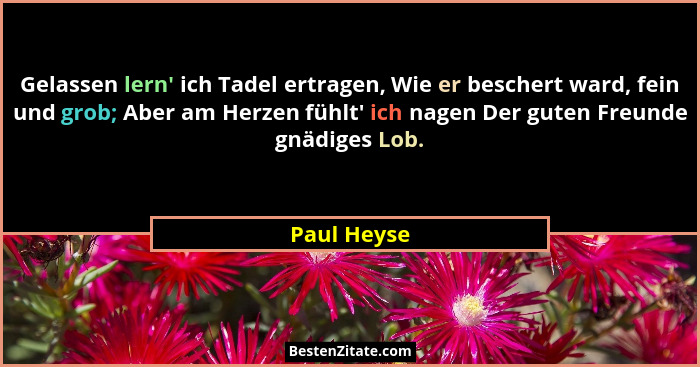 Gelassen lern' ich Tadel ertragen, Wie er beschert ward, fein und grob; Aber am Herzen fühlt' ich nagen Der guten Freunde gnädige... - Paul Heyse