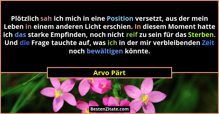 Plötzlich sah ich mich in eine Position versetzt, aus der mein Leben in einem anderen Licht erschien. In diesem Moment hatte ich das stark... - Arvo Pärt