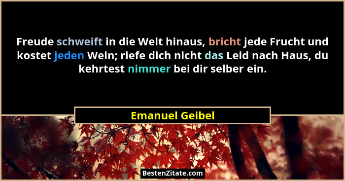 Freude schweift in die Welt hinaus, bricht jede Frucht und kostet jeden Wein; riefe dich nicht das Leid nach Haus, du kehrtest nimmer... - Emanuel Geibel