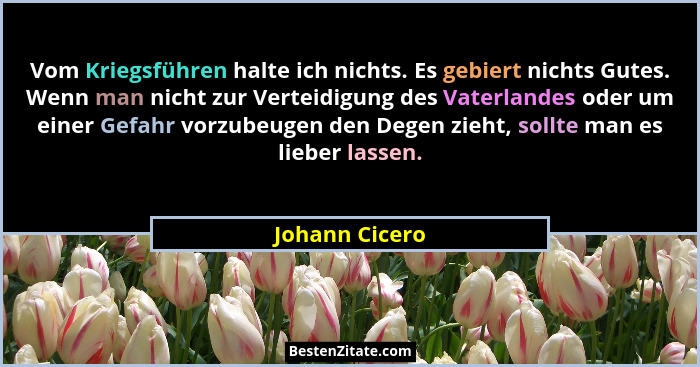 Vom Kriegsführen halte ich nichts. Es gebiert nichts Gutes. Wenn man nicht zur Verteidigung des Vaterlandes oder um einer Gefahr vorzu... - Johann Cicero