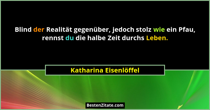 Blind der Realität gegenüber, jedoch stolz wie ein Pfau, rennst du die halbe Zeit durchs Leben.... - Katharina Eisenlöffel