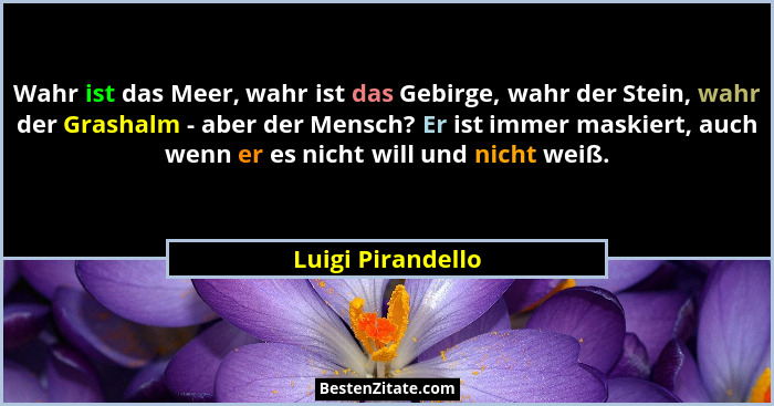 Wahr ist das Meer, wahr ist das Gebirge, wahr der Stein, wahr der Grashalm - aber der Mensch? Er ist immer maskiert, auch wenn er e... - Luigi Pirandello