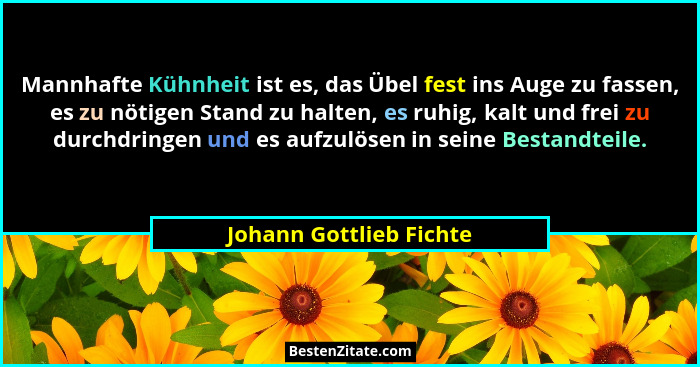 Mannhafte Kühnheit ist es, das Übel fest ins Auge zu fassen, es zu nötigen Stand zu halten, es ruhig, kalt und frei zu durchd... - Johann Gottlieb Fichte