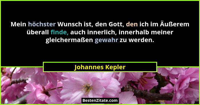 Mein höchster Wunsch ist, den Gott, den ich im Äußerem überall finde, auch innerlich, innerhalb meiner gleichermaßen gewahr zu werde... - Johannes Kepler
