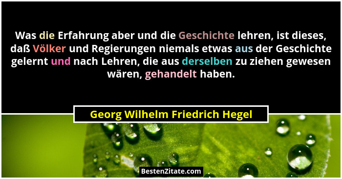 Was die Erfahrung aber und die Geschichte lehren, ist dieses, daß Völker und Regierungen niemals etwas aus der Geschic... - Georg Wilhelm Friedrich Hegel