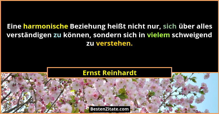 Eine harmonische Beziehung heißt nicht nur, sich über alles verständigen zu können, sondern sich in vielem schweigend zu verstehen.... - Ernst Reinhardt