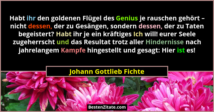 Habt ihr den goldenen Flügel des Genius je rauschen gehört – nicht dessen, der zu Gesängen, sondern dessen, der zu Taten bege... - Johann Gottlieb Fichte
