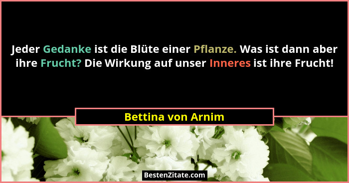 Jeder Gedanke ist die Blüte einer Pflanze. Was ist dann aber ihre Frucht? Die Wirkung auf unser Inneres ist ihre Frucht!... - Bettina von Arnim