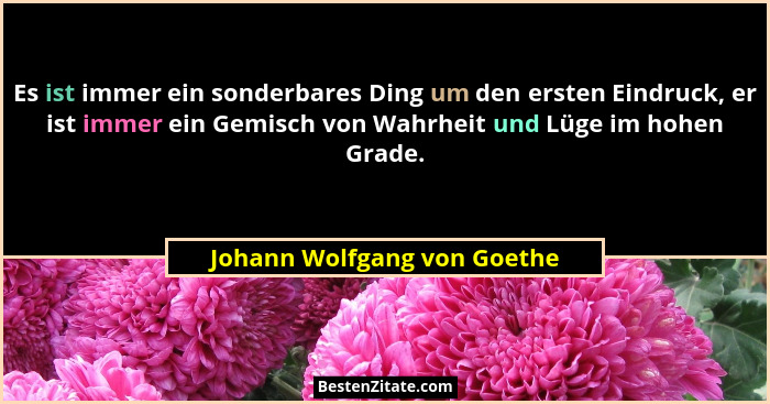 Es ist immer ein sonderbares Ding um den ersten Eindruck, er ist immer ein Gemisch von Wahrheit und Lüge im hohen Grade.... - Johann Wolfgang von Goethe