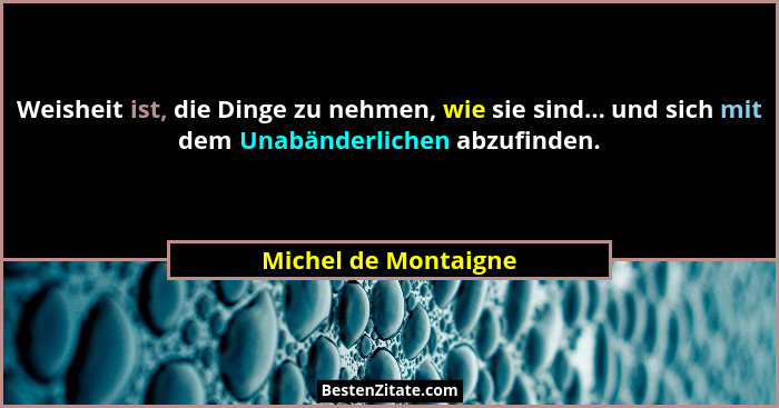 Weisheit ist, die Dinge zu nehmen, wie sie sind... und sich mit dem Unabänderlichen abzufinden.... - Michel de Montaigne