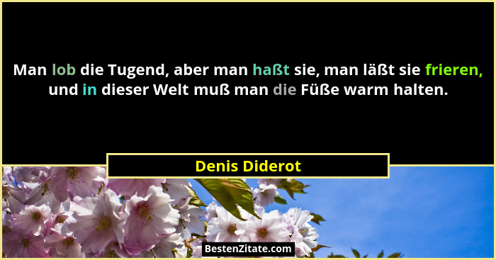 Man lob die Tugend, aber man haßt sie, man läßt sie frieren, und in dieser Welt muß man die Füße warm halten.... - Denis Diderot