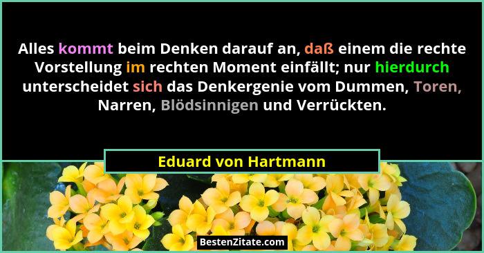 Alles kommt beim Denken darauf an, daß einem die rechte Vorstellung im rechten Moment einfällt; nur hierdurch unterscheidet sich... - Eduard von Hartmann